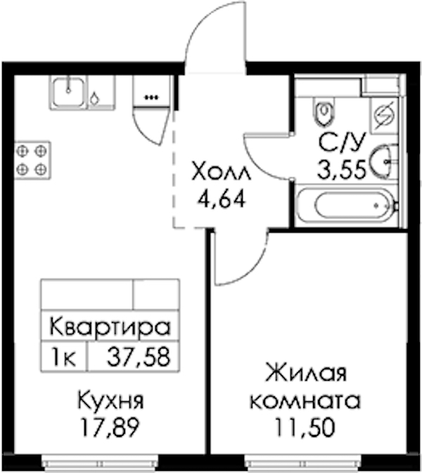 1-комнатная квартира 37.58 м², 2/15 эт., ЖК «Заречный парк»